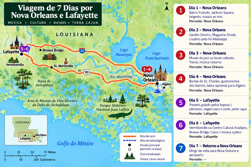 Mapa ilustrado da viagem de 7 dias por Nova Orleans e Lafayette com painel dia a dia, loop I-10 e Highway 90, balsa de Algiers e paradas nos bayous