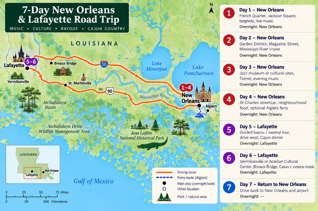 Illustrated 7-day New Orleans and Lafayette road trip map with day-by-day itinerary panel, I-10 and Highway 90 loop, Algiers ferry and bayou stops