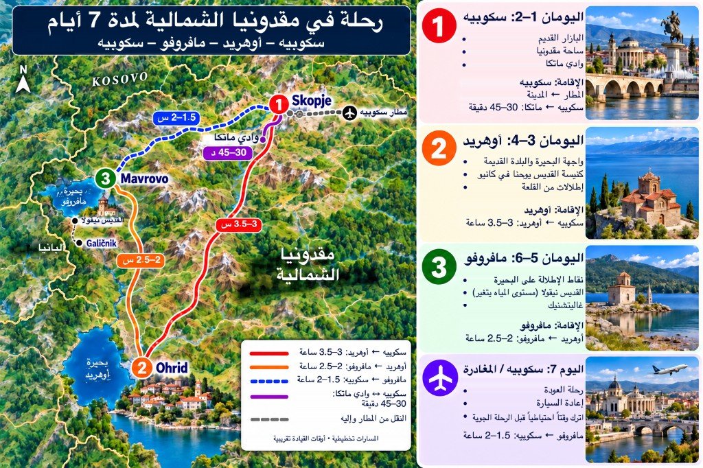 خريطة مصوّرة لرحلة 7 أيام في مقدونيا الشمالية من سكوبي إلى أوهريد ومافروفو مع لوحة يوم بيوم