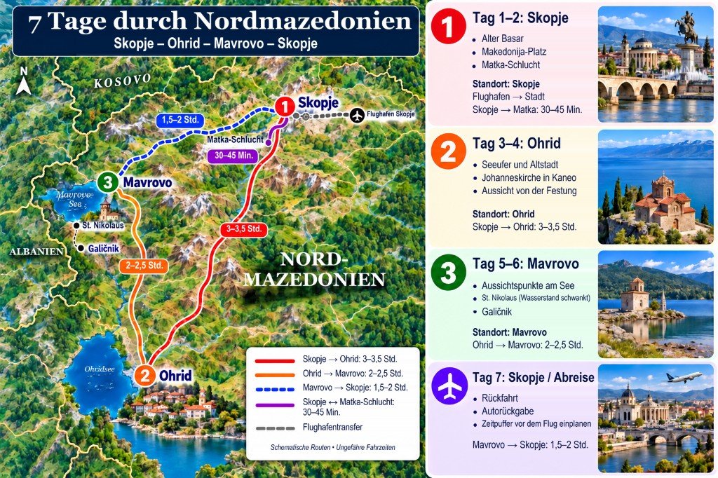 Illustrierte 7-Tage-Karte durch Nordmazedonien von Skopje nach Ohrid und Mavrovo, mit Tag-für-Tag-Panel