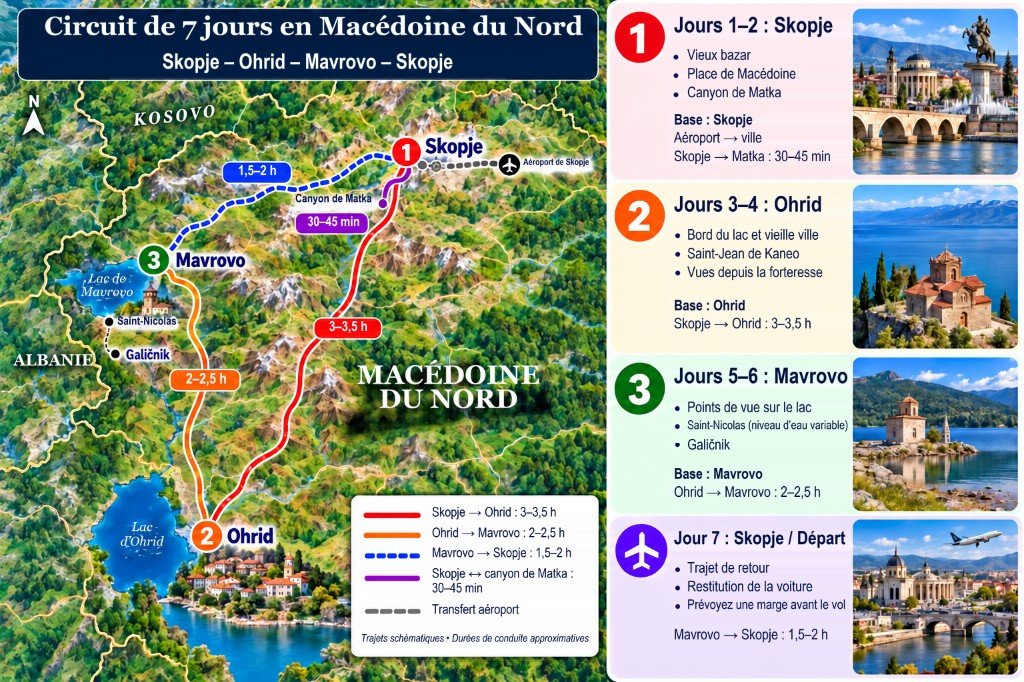 Carte illustrée d’un circuit de 7 jours en Macédoine du Nord, de Skopje à Ohrid et Mavrovo, avec un panneau jour par jour