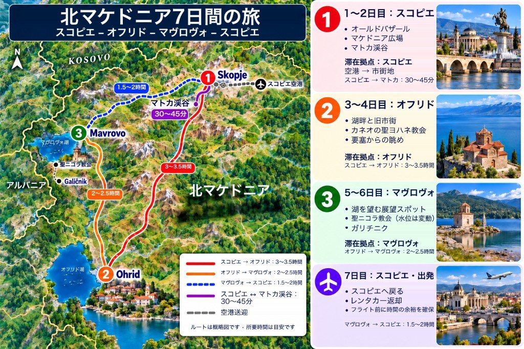 北マケドニア7日間のイラスト地図。スコピエからオフリド、マヴロヴォへ、日別パネル付き