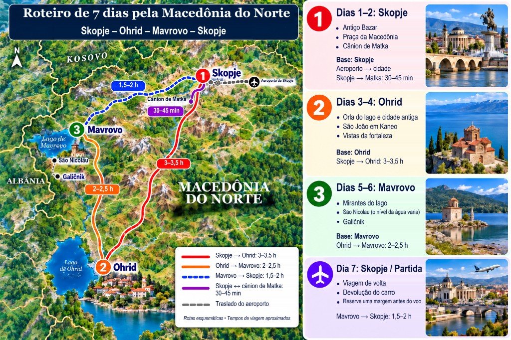 Mapa ilustrado de 7 dias pela Macedônia do Norte de Skopje a Ohrid e Mavrovo, com painel dia a dia