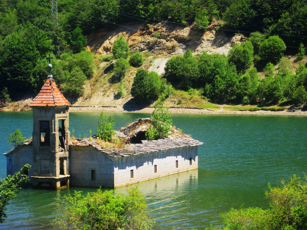 Church of St Nicholas by Mavrovo Lake in Mavrovo National Park, North Macedonia