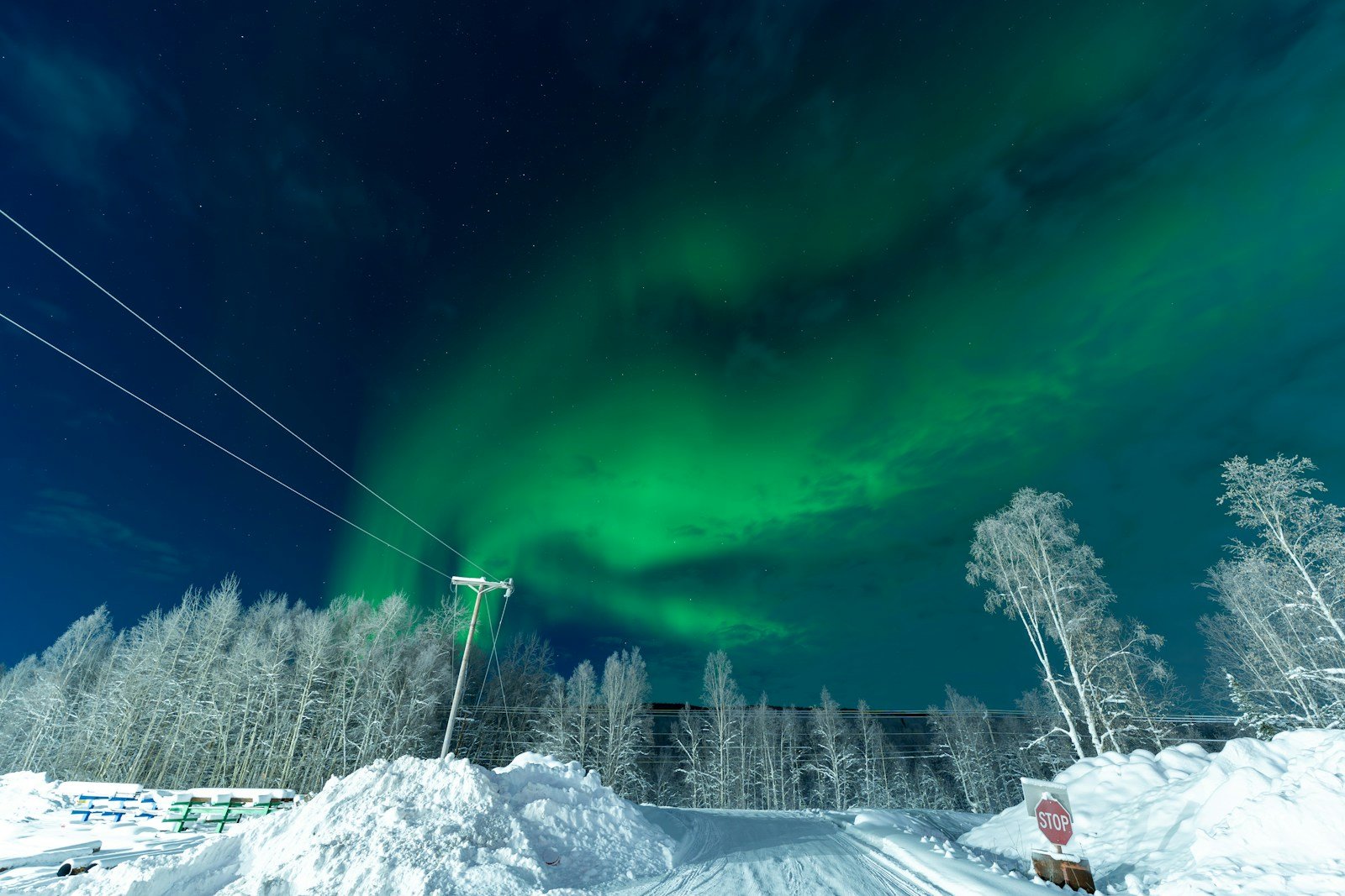 Green aurora above a snow-covered road in Fairbanks, Alaska