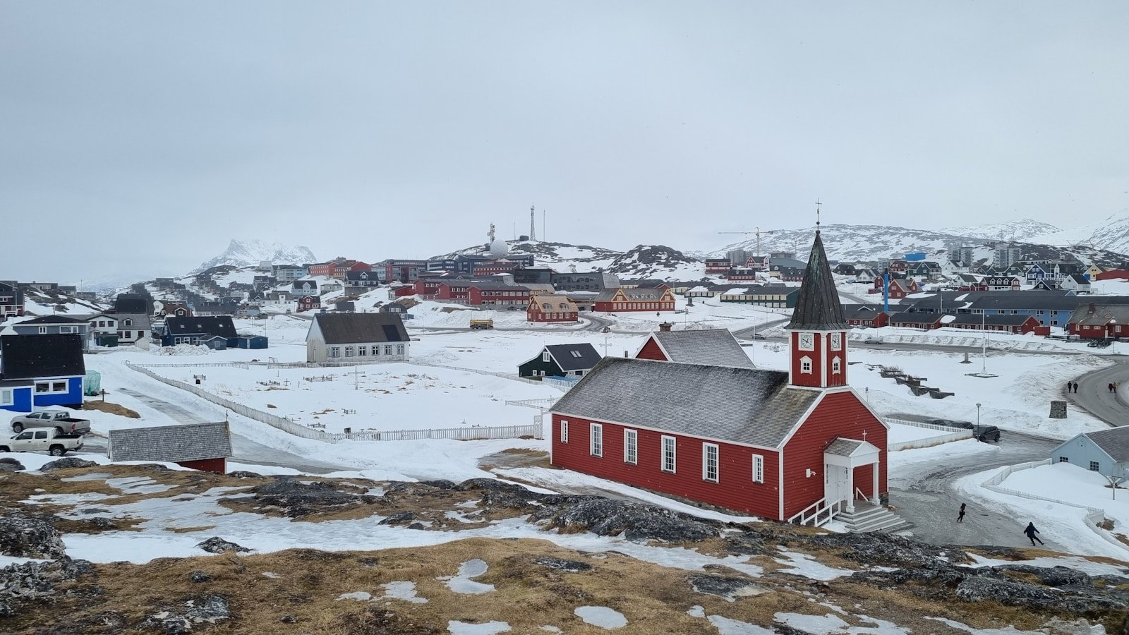 Nuuk Cathedral on a snowy hill in Nuuk, Greenland