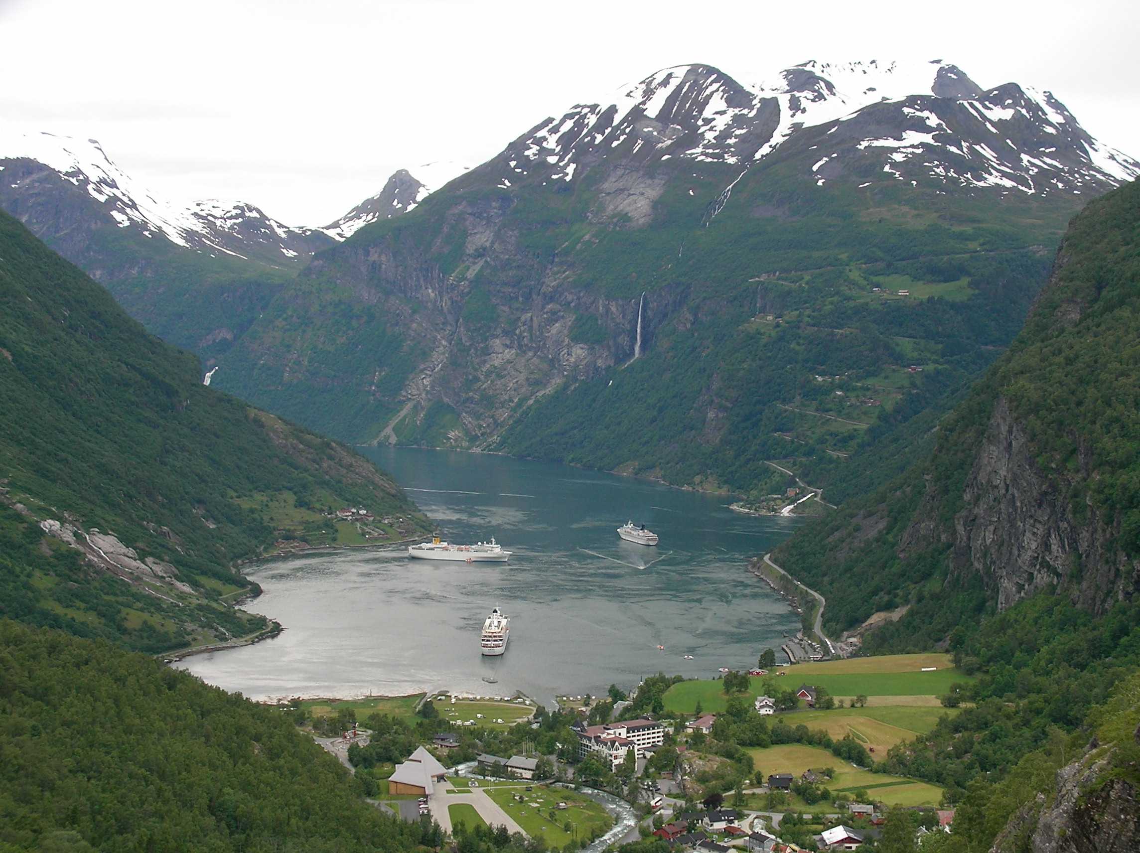 Geirangerfjord with steep cliffs and water in western Norway