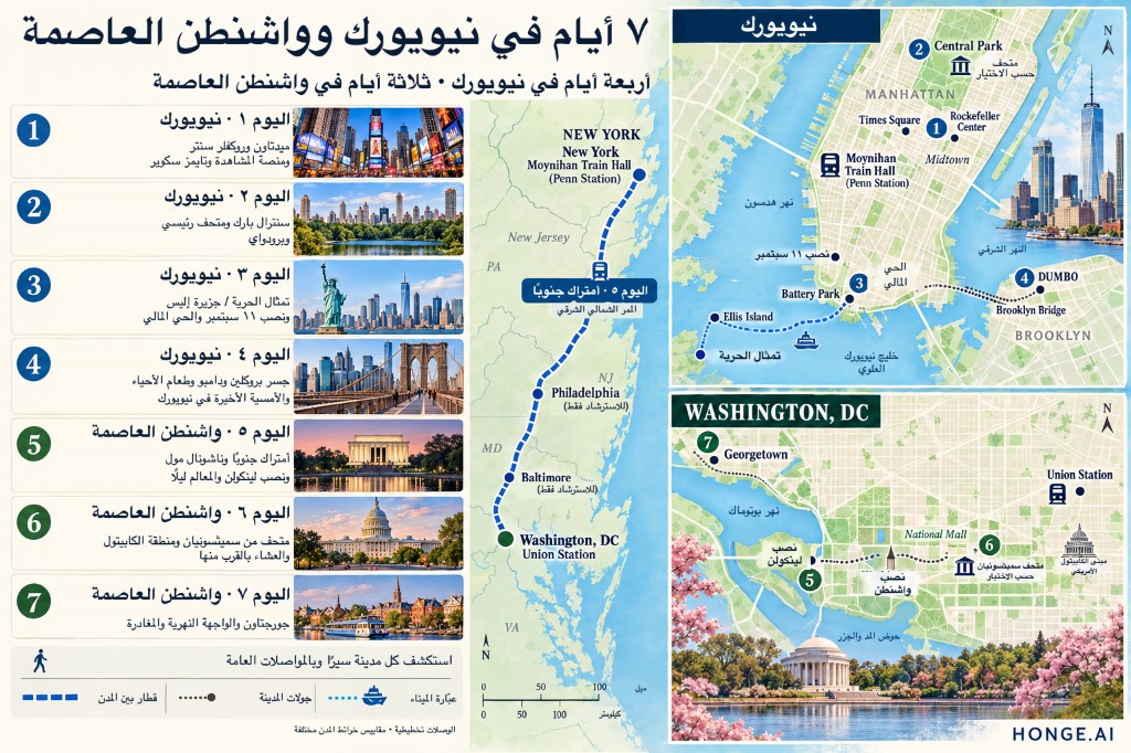 خريطة مصوّرة لرحلة 7 أيام في نيويورك وواشنطن العاصمة مع لوحات يوم بيوم وممر Amtrak ومسارات مشاهدة المعالم