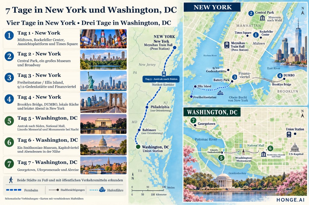 Illustrierte 7-Tages-Reiseplankarte für New York und Washington DC mit Tagestafeln, Amtrak-Korridor und Stadtrundfahrten