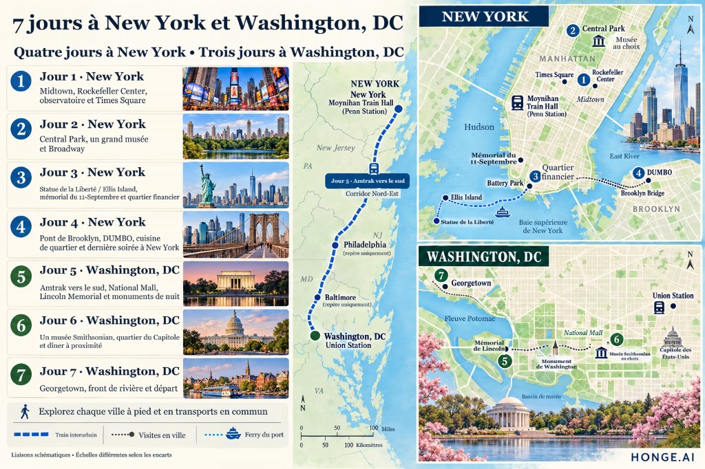 Carte d'itinéraire illustrée de 7 jours pour New York et Washington DC avec panneaux quotidiens, couloir Amtrak et itinéraires touristiques de la ville