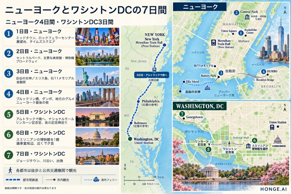 ニューヨークとワシントンDCの7日間旅程を示すイラストマップ。日ごとのパネル、Amtrak回廊、市内観光ルート付き