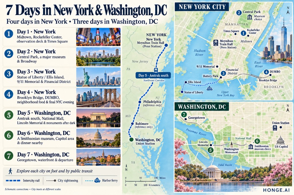 Illustrated 7-day New York and Washington DC itinerary map with day-by-day panels, Amtrak corridor and city sightseeing routes