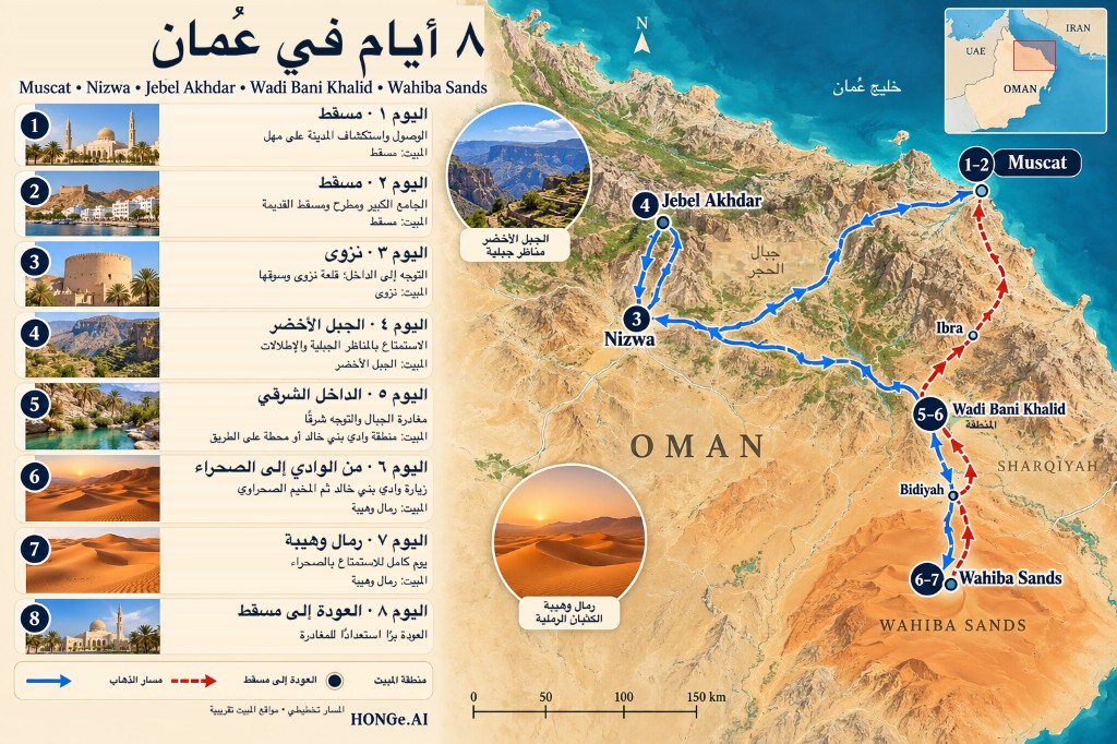 خريطة طريق عمان مصورة لمدة 8 أيام من مسقط إلى نزوى والجبل الأخضر ووادي بني خالد ورمال وهيبة، ثم العودة إلى مسقط، مع لوحة يومية