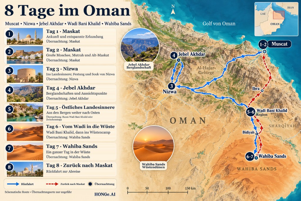 Illustrierte 8-tägige Oman-Streckenkarte von Maskat nach Nizwa, Jebel Akhdar, Wadi Bani Khalid und Wahiba Sands, dann zurück nach Maskat, mit einer Tagestafel