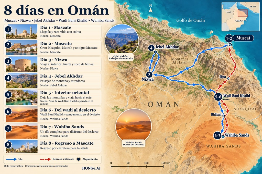 Mapa ilustrado de la ruta de Omán de 8 días desde Mascate a Nizwa, Jebel Akhdar, Wadi Bani Khalid y Wahiba Sands, y luego de regreso a Mascate, con un panel día a día