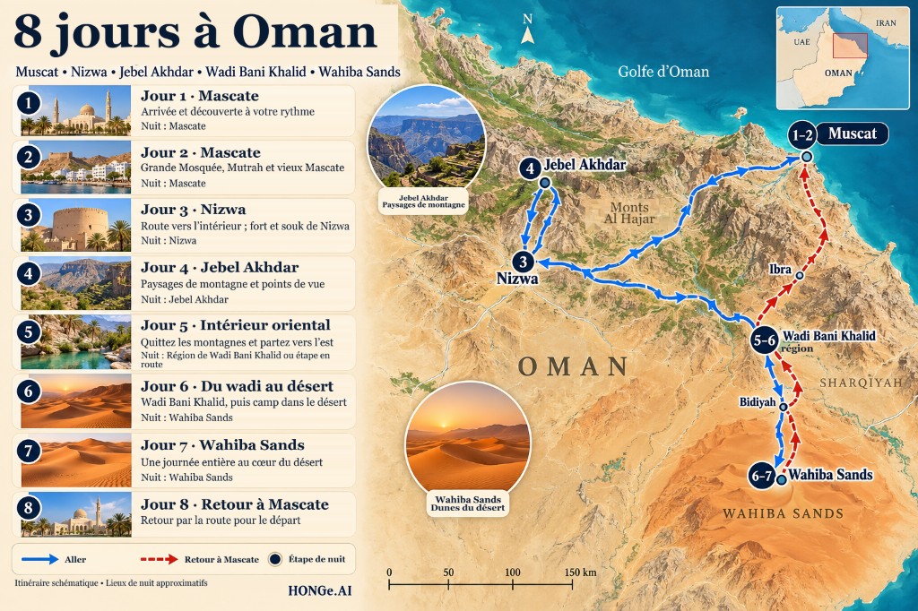 Carte routière illustrée d'Oman sur 8 jours de Mascate à Nizwa, Jebel Akhdar, Wadi Bani Khalid et Wahiba Sands, puis retour à Mascate, avec un panneau jour par jour