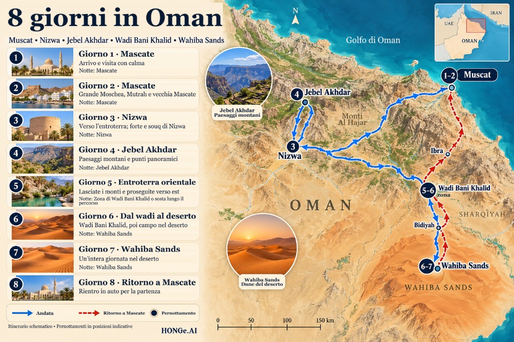 Mappa illustrata del percorso dell'Oman di 8 giorni da Muscat a Nizwa, Jebel Akhdar, Wadi Bani Khalid e Wahiba Sands, quindi di nuovo a Muscat, con un pannello giorno per giorno