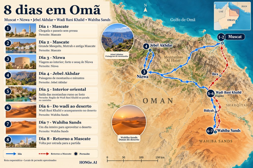 Mapa ilustrado da rota de Omã de 8 dias, de Mascate a Nizwa, Jebel Akhdar, Wadi Bani Khalid e Wahiba Sands, depois de volta a Mascate, com um painel do dia a dia