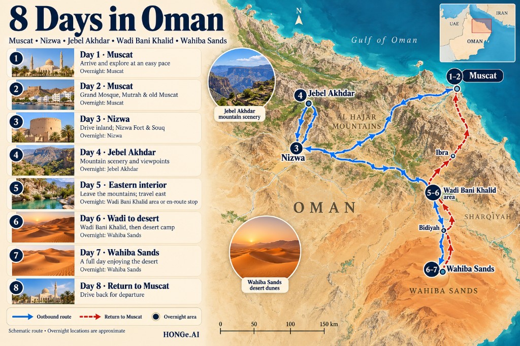 Illustrated 8-day Oman route map from Muscat to Nizwa, Jebel Akhdar, Wadi Bani Khalid and Wahiba Sands, then back to Muscat, with a day-by-day panel