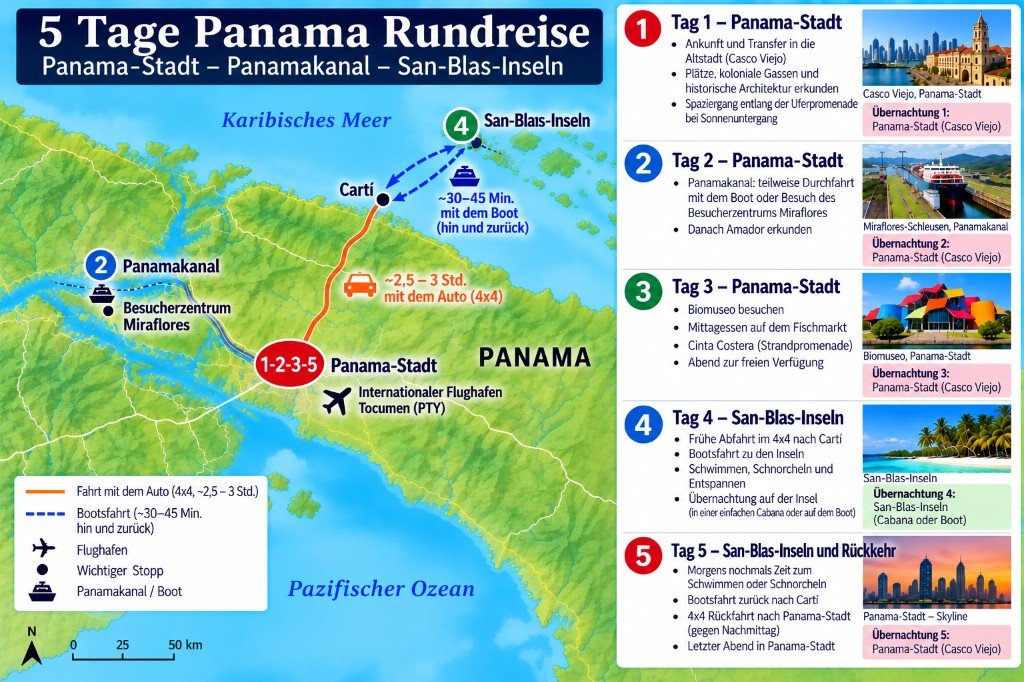 Illustrierte 5-Tage-Routenkarte Panamas von Panama-Stadt zum Kanal und zu den San-Blas-Inseln, mit Tagesübersicht