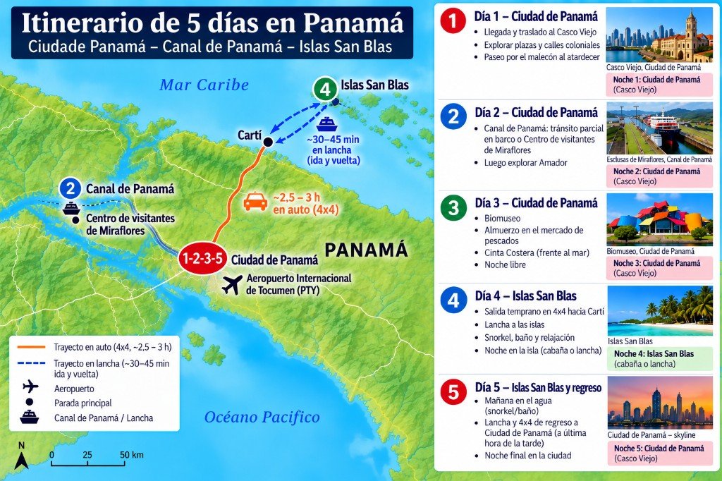 Mapa ilustrado de la ruta de 5 días en Panamá, de Ciudad de Panamá al Canal y las islas de San Blas, con panel día por día