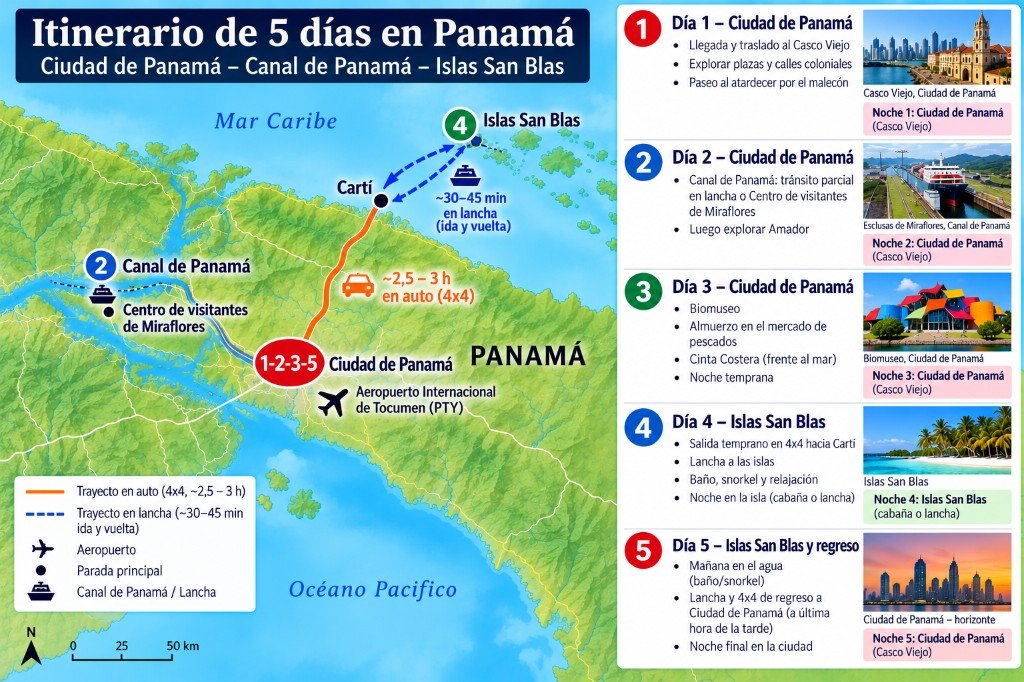 Mapa ilustrado de 5 días en Panamá, de Ciudad de Panamá al Canal y las islas de San Blas, con panel día a día