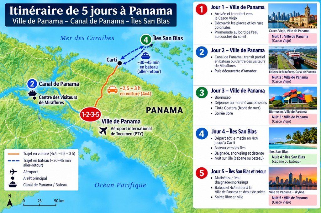 Carte illustrée de 5 jours au Panama, de Panama City au Canal et aux îles San Blas, avec un panneau jour par jour