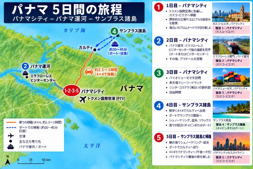 パナマ5日間の図示ルートマップ。パナマ市から運河、サンブラス諸島へ。日ごとのパネル付き