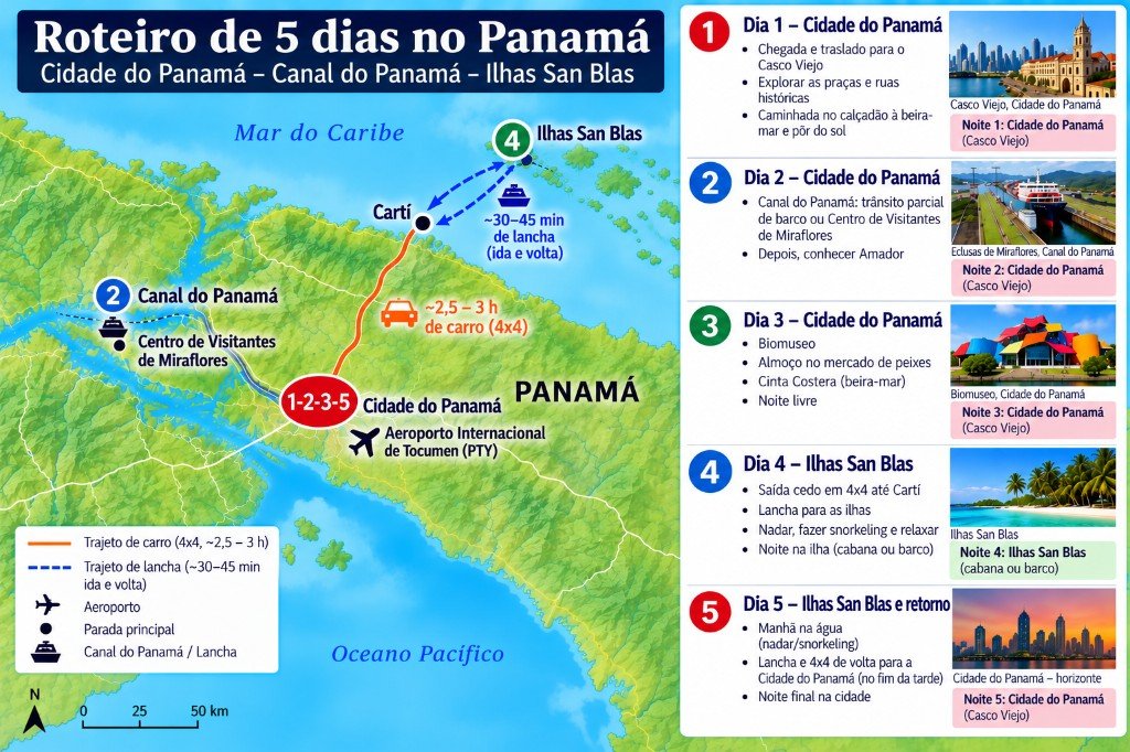 Mapa ilustrado de 5 dias no Panamá, da Cidade do Panamá ao Canal e às ilhas de San Blas, com um quadro dia a dia