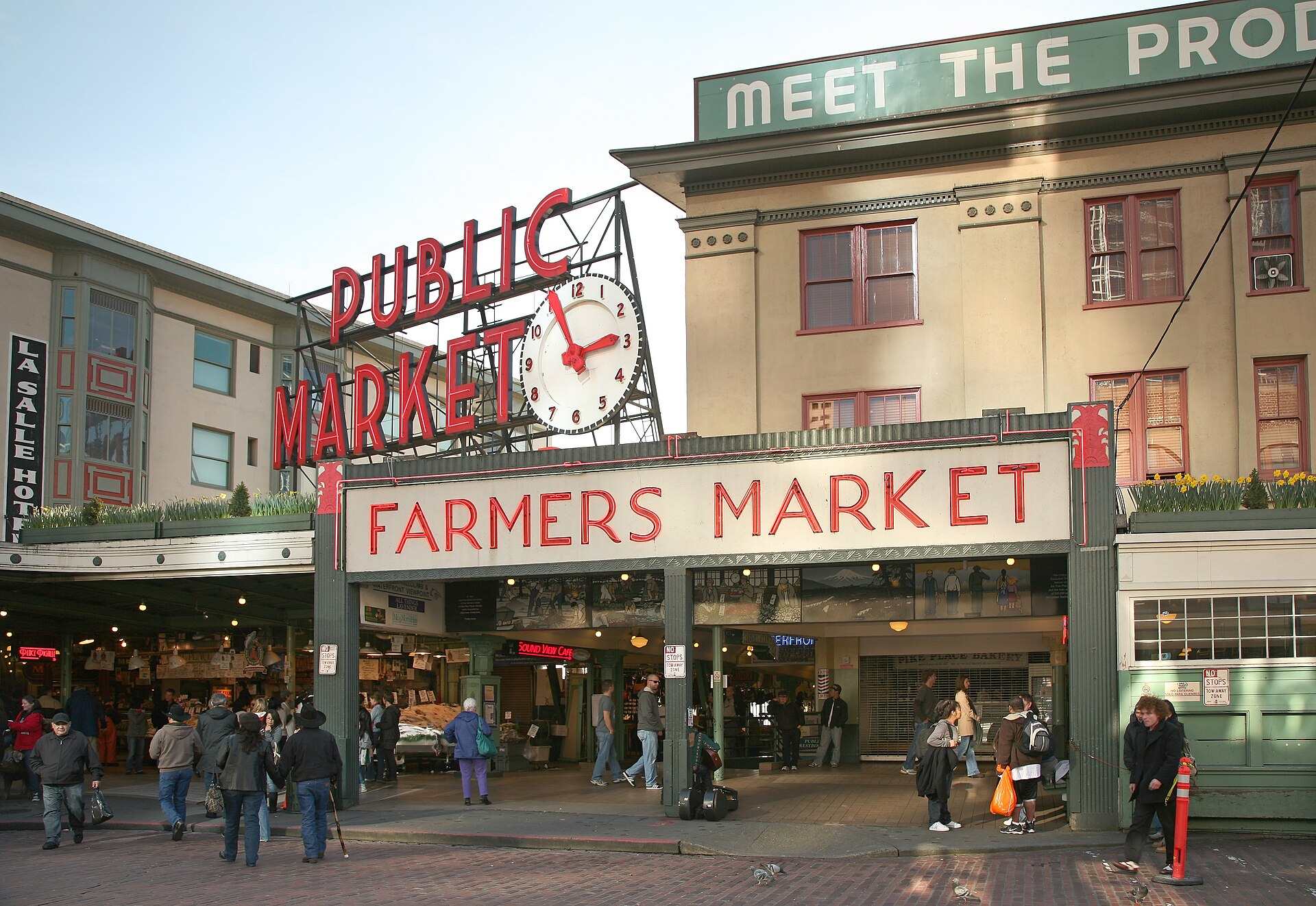 Pike Place Market’s historic buildings at the corner of Pike Street and Pike Place