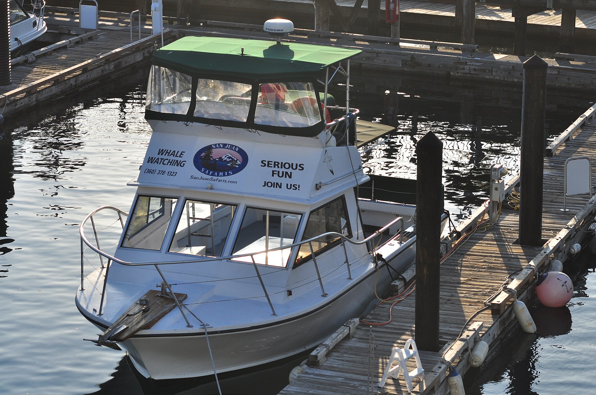 A whale-watching boat travelling through the waters near San Juan Island