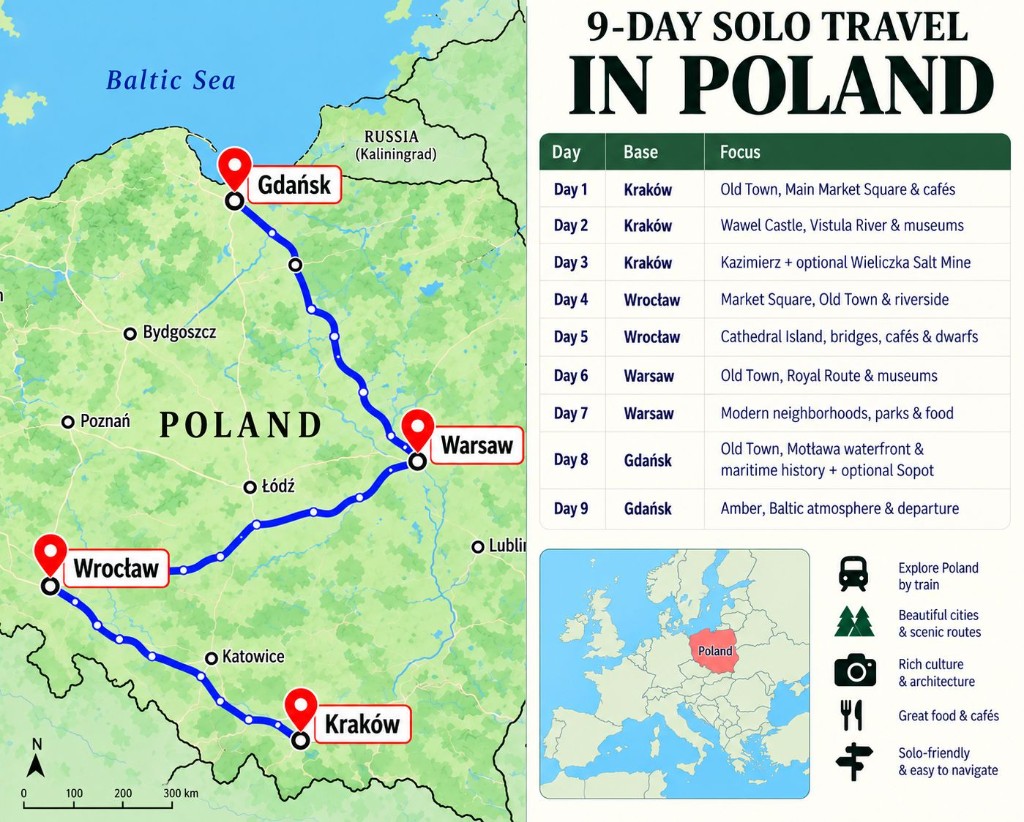 Illustrated 9-day Poland route map showing the train journey from Kraków to Wrocław, Warsaw and Gdańsk, alongside a day-by-day itinerary table