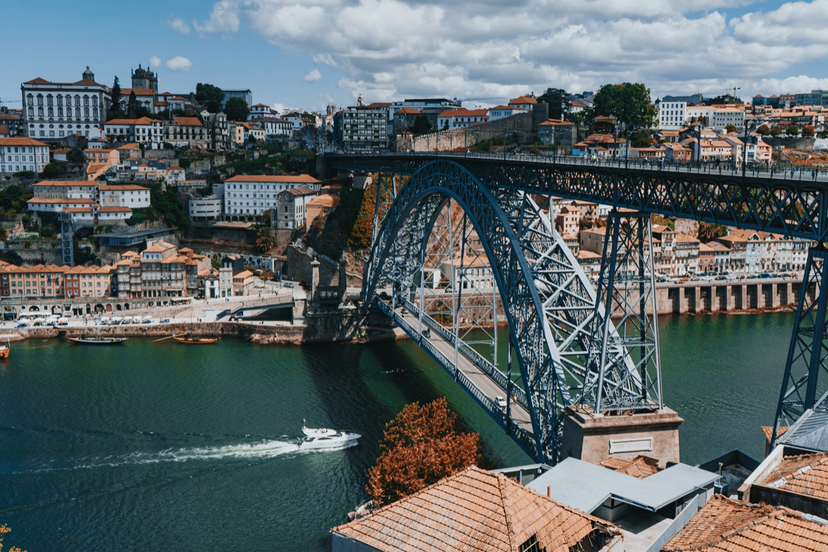 Colourful Ribeira waterfront and Dom Luís I Bridge over the Douro River in Porto