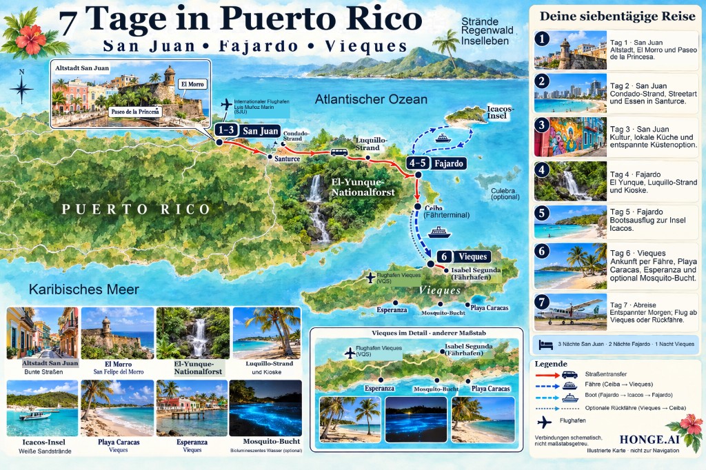 Illustrierte 7-Tage-Puerto-Rico-Route: San Juan, Fajardo und Vieques, mit El Yunque, Luquillo, Bootsausflug nach Icacos und Fähre nach Vieques
