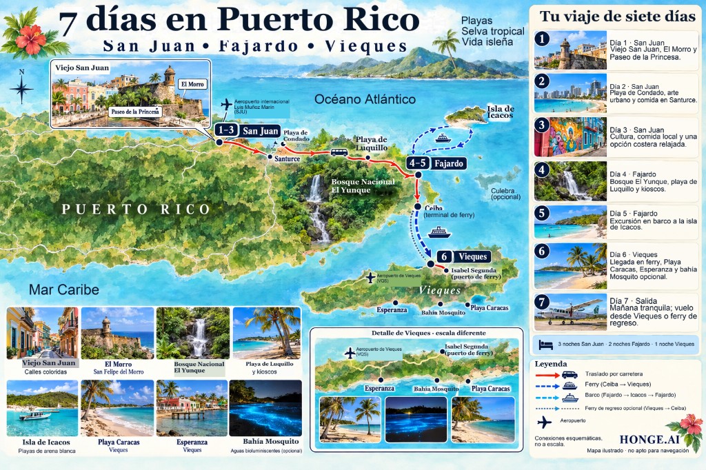 Mapa ilustrado del itinerario de 7 días por Puerto Rico: San Juan, Fajardo y Vieques, con El Yunque, Luquillo, excursión a Icacos y ferry a Vieques