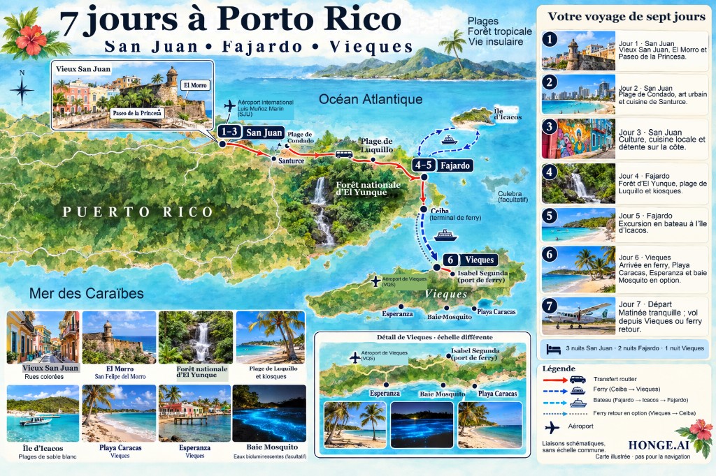 Carte illustrée de l’itinéraire Porto Rico en 7 jours : San Juan, Fajardo et Vieques, avec El Yunque, Luquillo, excursion à Icacos et ferry vers Vieques