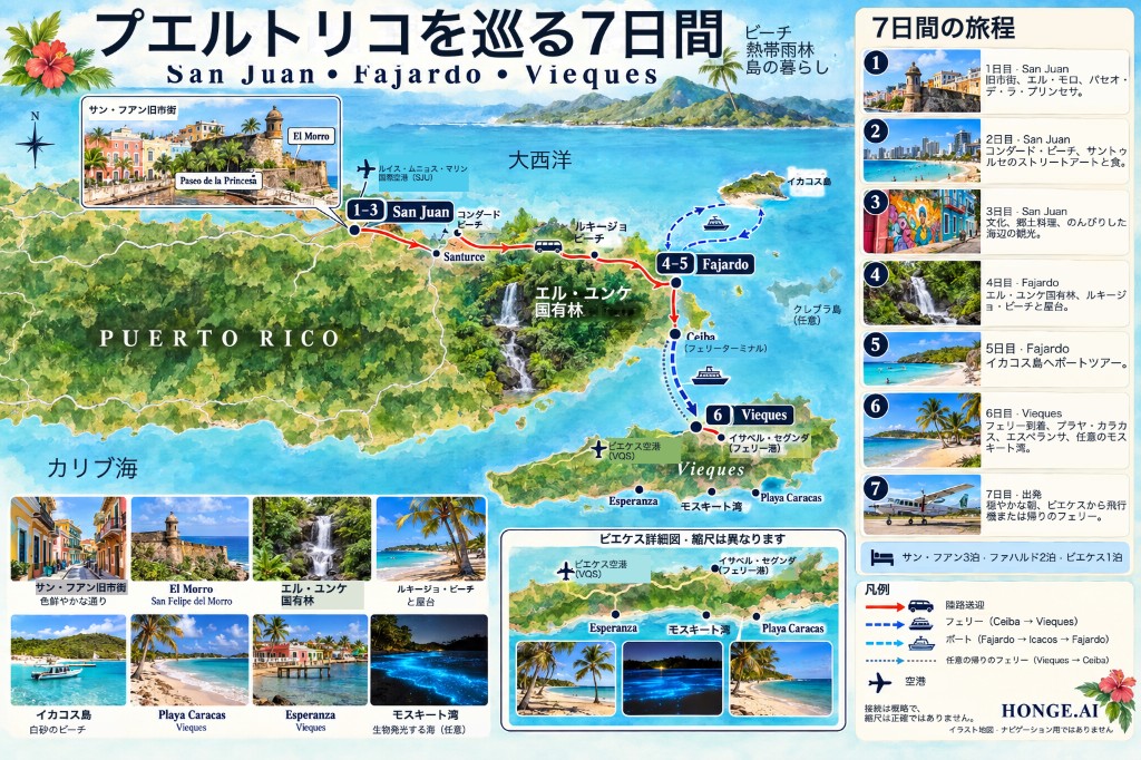 プエルトリコ7日間旅程の図示マップ。サンフアン、ファハルド、ビエケス。エル・ユンケ、ルキージョ、イカコス島へのボート、ビエケスへのフェリー付き
