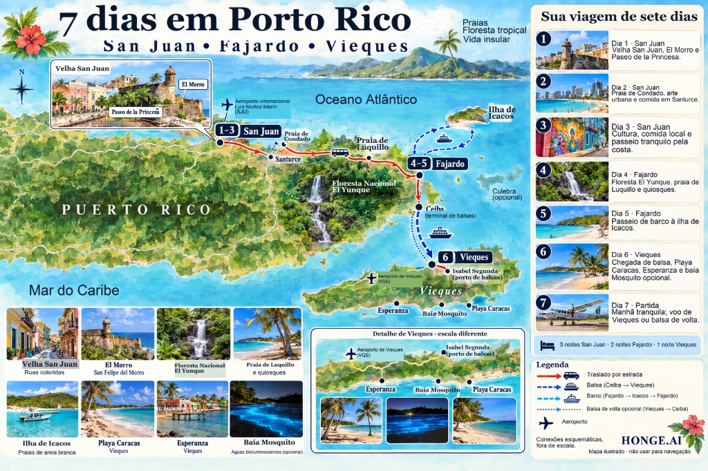Mapa ilustrado do roteiro de 7 dias em Porto Rico: San Juan, Fajardo e Vieques, com El Yunque, Luquillo, passeio a Icacos e balsa para Vieques