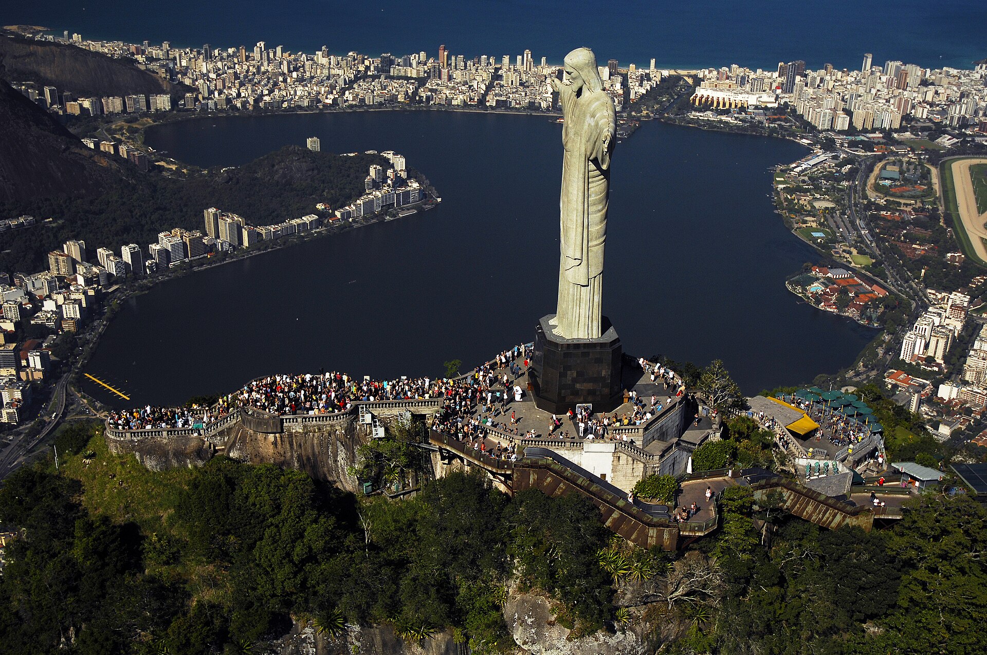 Side view of Christ the Redeemer on Corcovado Mountain with Rodrigo de Freitas Lagoon, Ipanema, and Leblon visible below