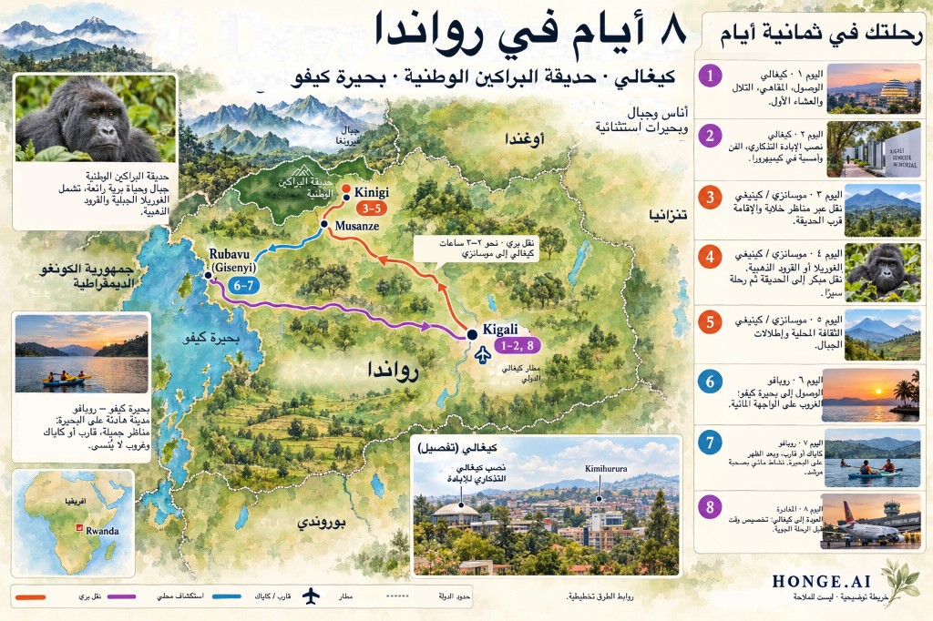 خريطة مرسومة لمسار رواندا لثمانية أيام من كيغالي شمالاً إلى موسانزي وكينيجي لحديقة البراكين الوطنية ثم غرباً إلى روباوو على بحيرة كيفو قبل العودة إلى كيغالي، مع لوحة برنامج يومي