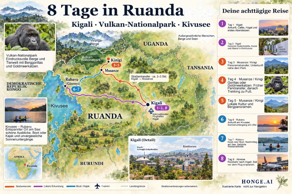 Illustrierte 8-Tage-Routenkarte für Ruanda von Kigali nach Norden nach Musanze und Kinigi für den Vulkan-Nationalpark, dann westwärts nach Rubavu am Kivusee und zurück nach Kigali, mit Tag-für-Tag-Itinerarpanel