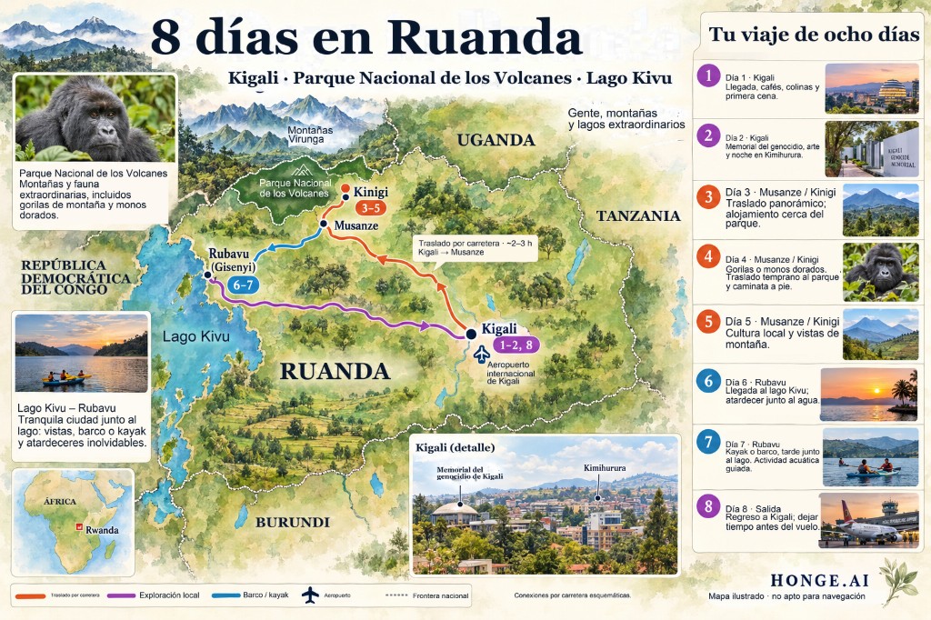 Mapa ilustrado de la ruta de 8 días por Ruanda desde Kigali hacia el norte a Musanze y Kinigi para el Parque Nacional de los Volcanes, luego al oeste a Rubavu en el lago Kivu antes de volver a Kigali, con panel de itinerario día a día