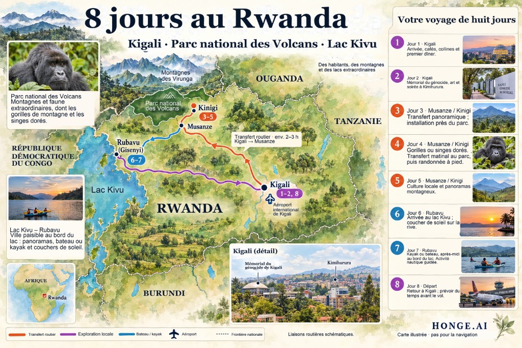 Carte illustrée du parcours Rwanda en 8 jours, de Kigali vers le nord jusqu’à Musanze et Kinigi pour le Parc national des Volcans, puis vers l’ouest jusqu’à Rubavu sur le lac Kivu avant le retour à Kigali, avec panneau d’itinéraire jour par jour
