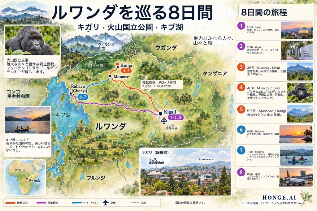 キガリから北のムサンゼとキニギ（火山国立公園）、西のキブ湖ルバブへ進みキガリへ戻るルワンダ8日間ルートの図示マップと日ごとの旅程パネル
