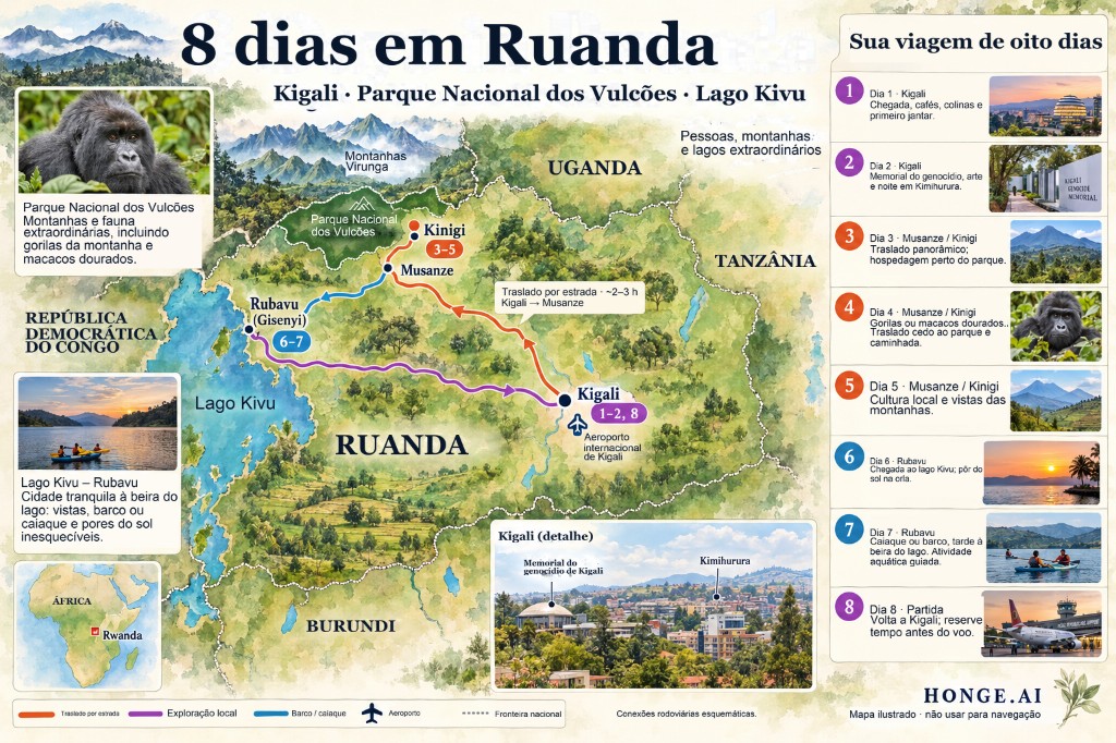 Mapa ilustrado do roteiro de 8 dias em Ruanda de Kigali ao norte até Musanze e Kinigi para o Parque Nacional dos Vulcões, depois a oeste até Rubavu no lago Kivu antes de voltar a Kigali, com painel de itinerário dia a dia