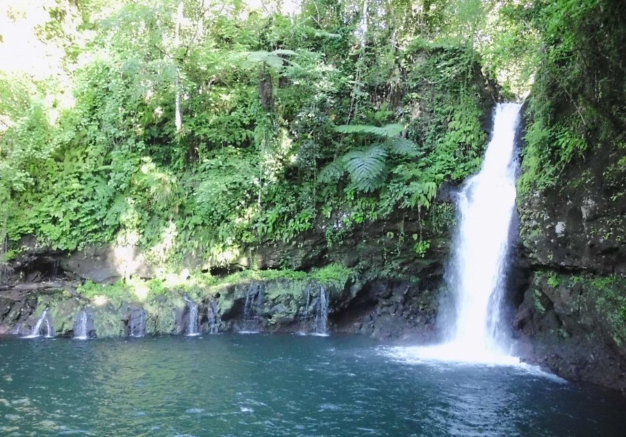 Afu Aau waterfall pouring into a deep blue freshwater pool surrounded by rainforest on Savai‘i