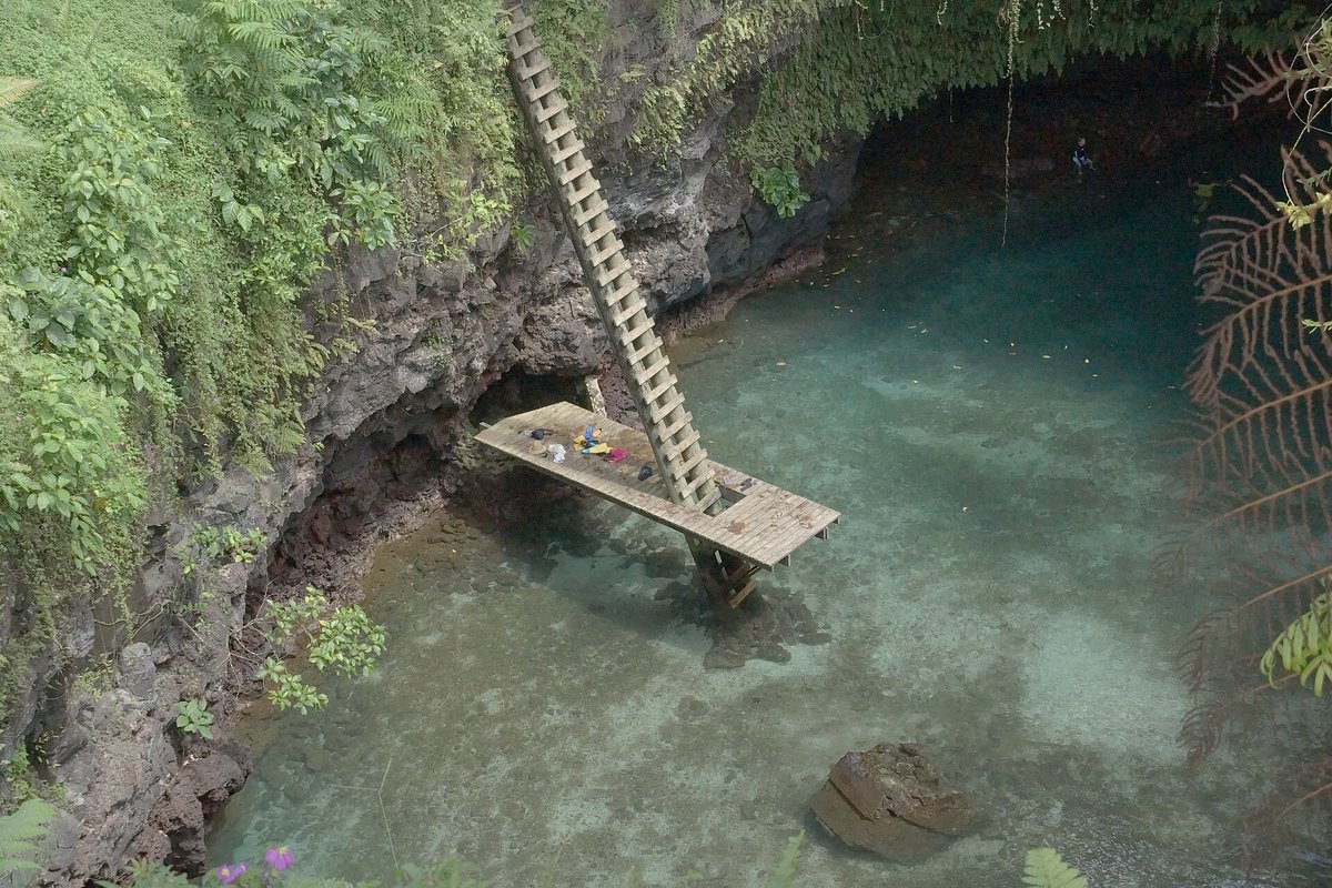 The wooden ladder and platform above the clear turquoise water of To Sua Ocean Trench, surrounded by mossy rock walls and ferns