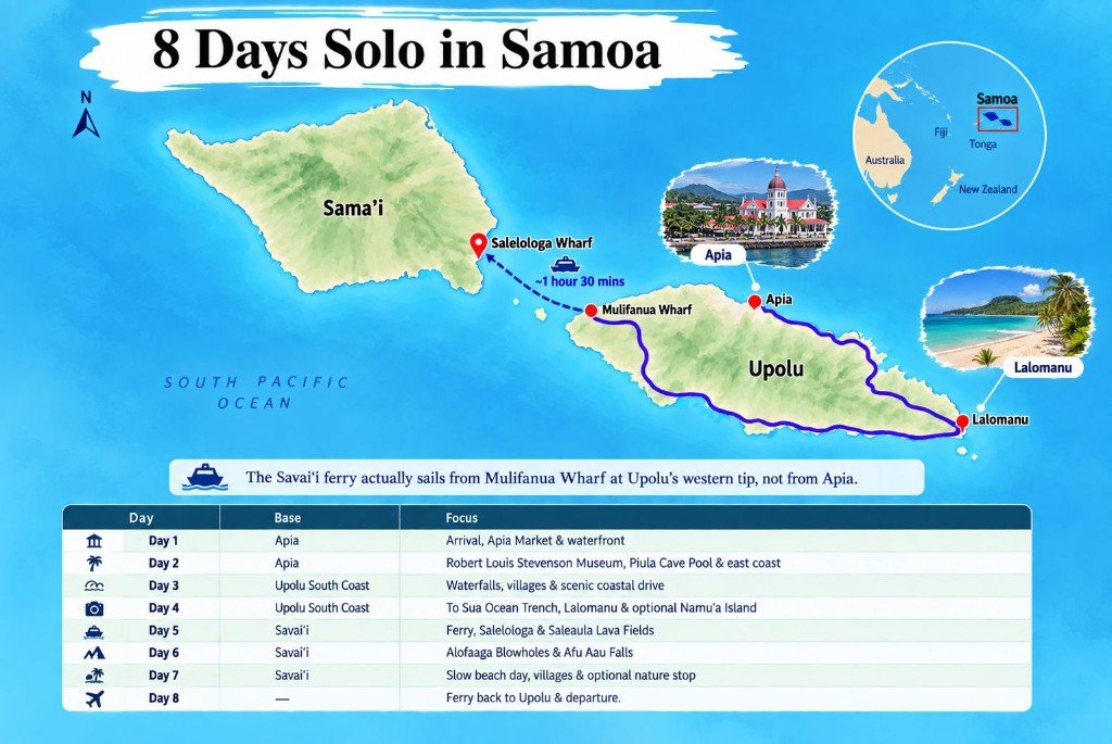 Illustrated 8-day Samoa route map showing Upolu and Savai‘i, the ferry from Mulifanua Wharf to Salelologa, and a day-by-day itinerary panel
