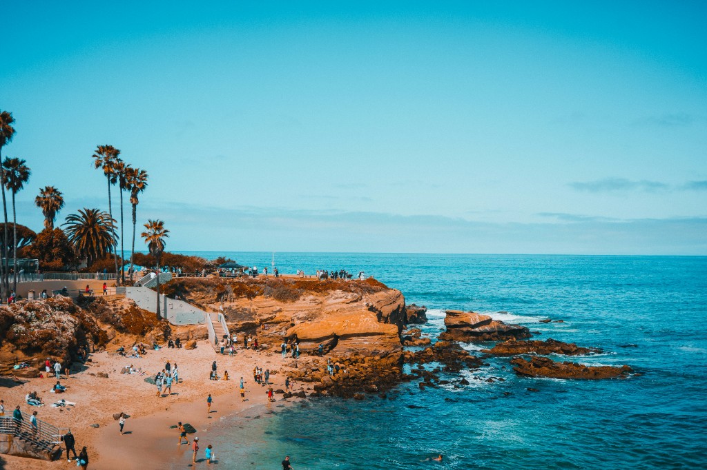 Busy San Diego cove with sandy beach, rocky cliffs, palm trees and the Pacific Ocean