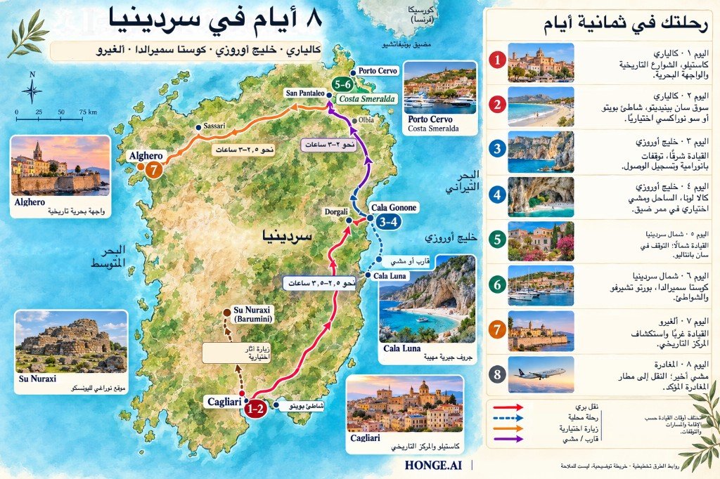 خريطة مرسومة لرحلة سردينيا البرية لثمانية أيام من كالياري إلى خليج أوروزي ثم كوستا سميرالدا وألغيرو، مع انحراف اختياري إلى سو نوراكسي ولوحة برنامج يوم بيوم